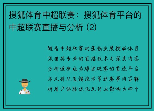搜狐体育中超联赛：搜狐体育平台的中超联赛直播与分析 (2)