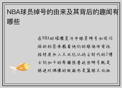 NBA球员绰号的由来及其背后的趣闻有哪些