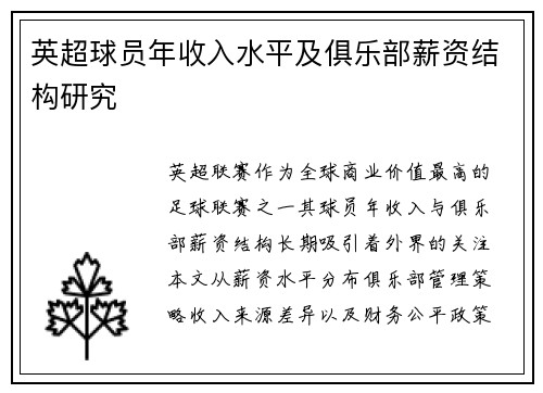 英超球员年收入水平及俱乐部薪资结构研究